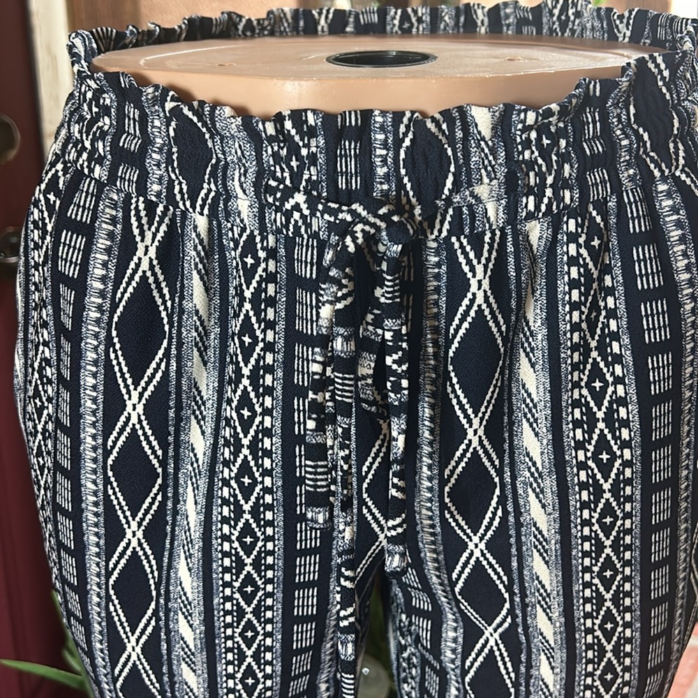 SOHO Wide Leg Trouser Drawstring Pants in Navy Blue and White Tribal Pattern - Picture 3 of 7